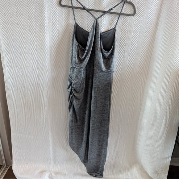BCBGeneration Liquid Silver Metallic Asymmetrical Ruched Midi Dress Size Medium - Picture 12 of 16